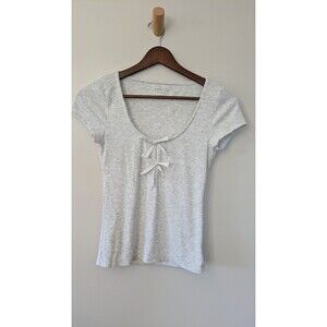 American Eagle Bow Front T Shirt Small Coquette Preppy Fitted Ribbed Dainty Gray